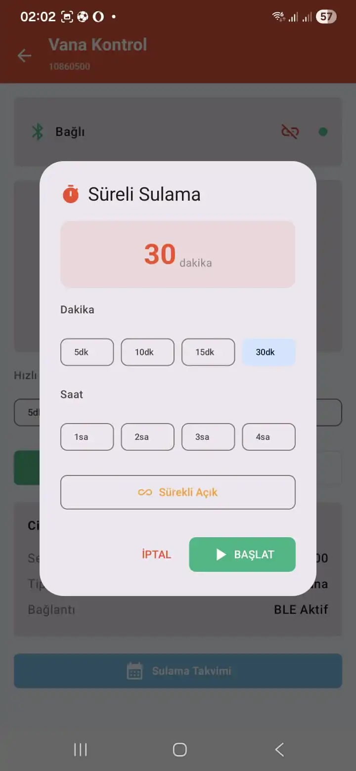 Esular Lokal Sulama — Bluetooth vana kontrol ekranı