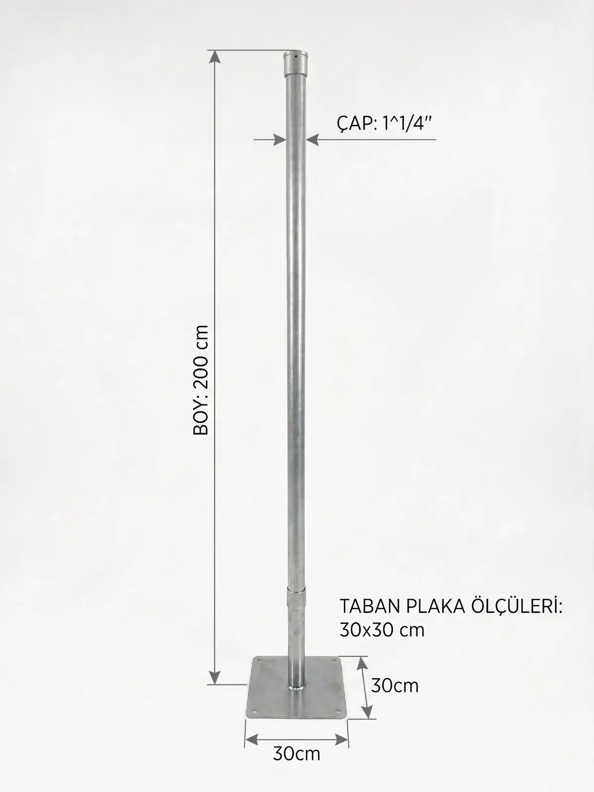 Meteoroloji istasyonu montaj direği — 200 cm ayarlanabilir gövde, 1 1/4" boru ve 30x30 cm taban plakası ölçüleri