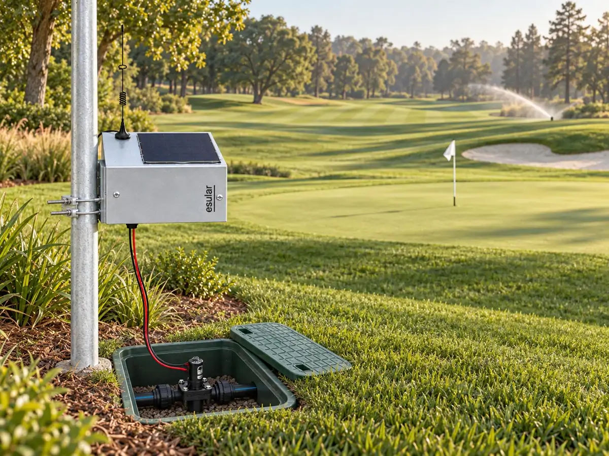 Golf sahasında green kenarındaki vana kutusuna bağlı Smart-Valve GSM solar kontrol ünitesi