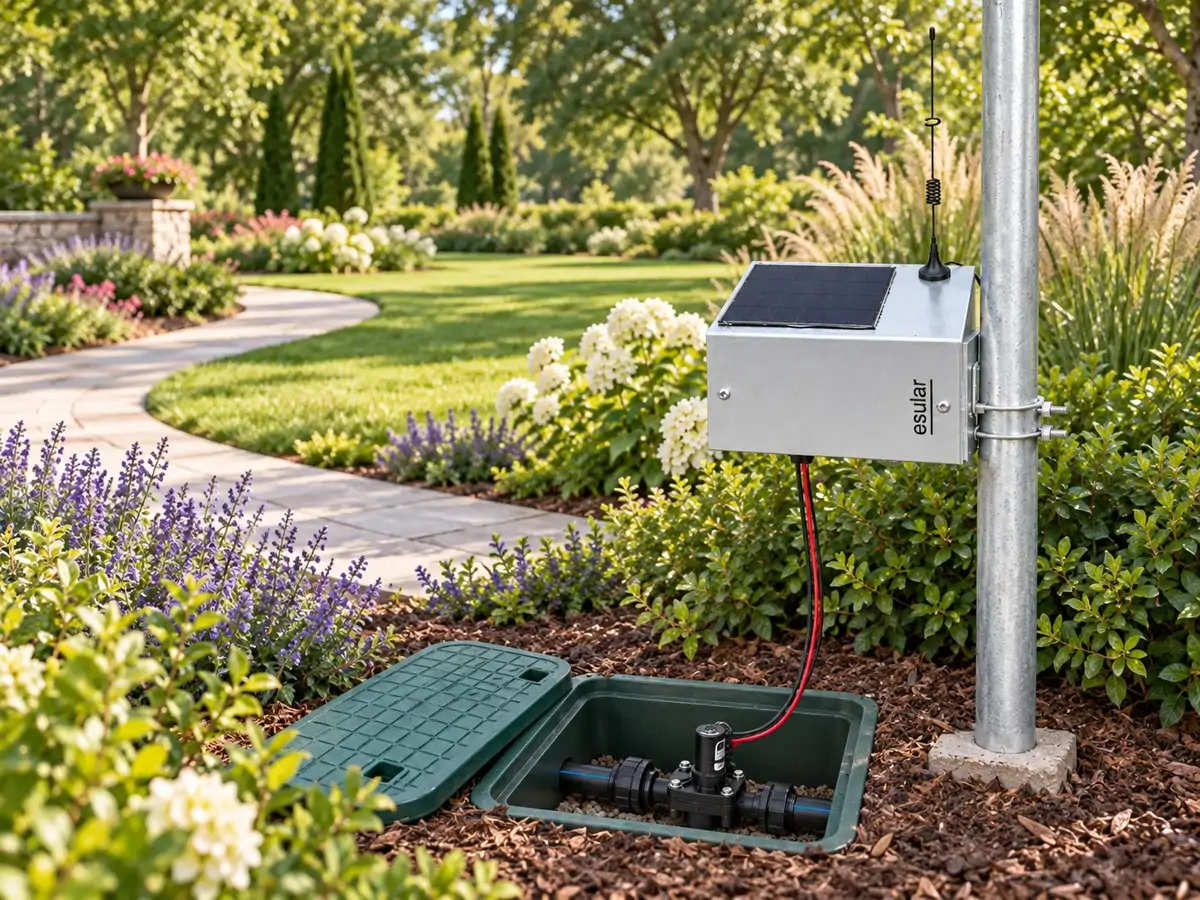 Park ve peyzaj alanında vana kutusuna bağlı Smart-Valve GSM solar kontrol ünitesi