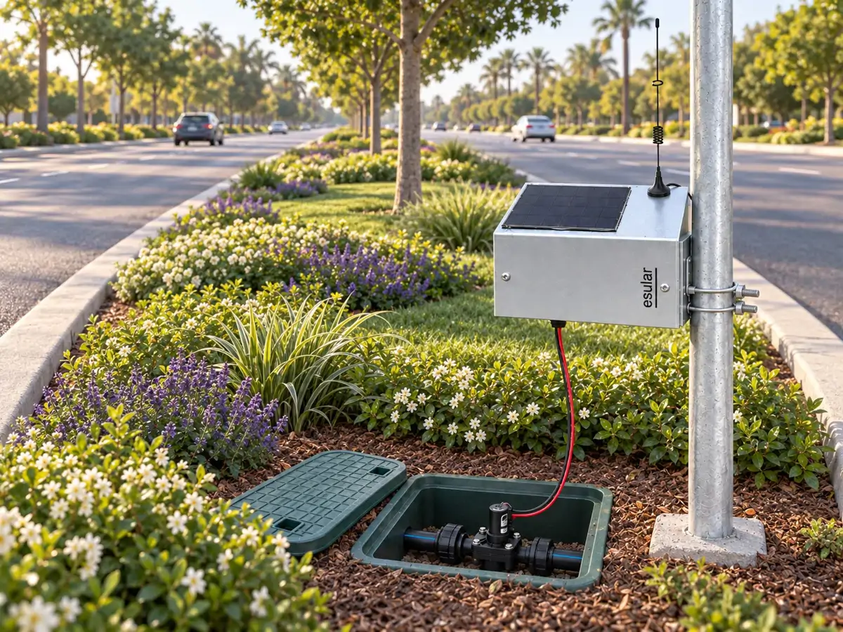 Bulvar refüjünde vana kutusuna bağlı Smart-Valve GSM solar kontrol ünitesi