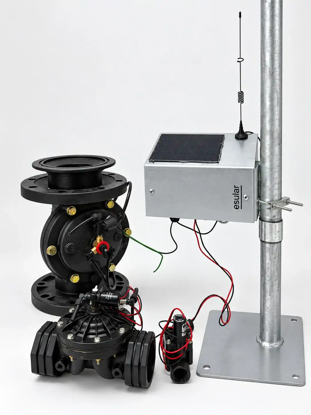 Smart-Valve kontrol ünitesi, hidrolik vanalar, selenoid, basınç sensörü ve toprak nem probları