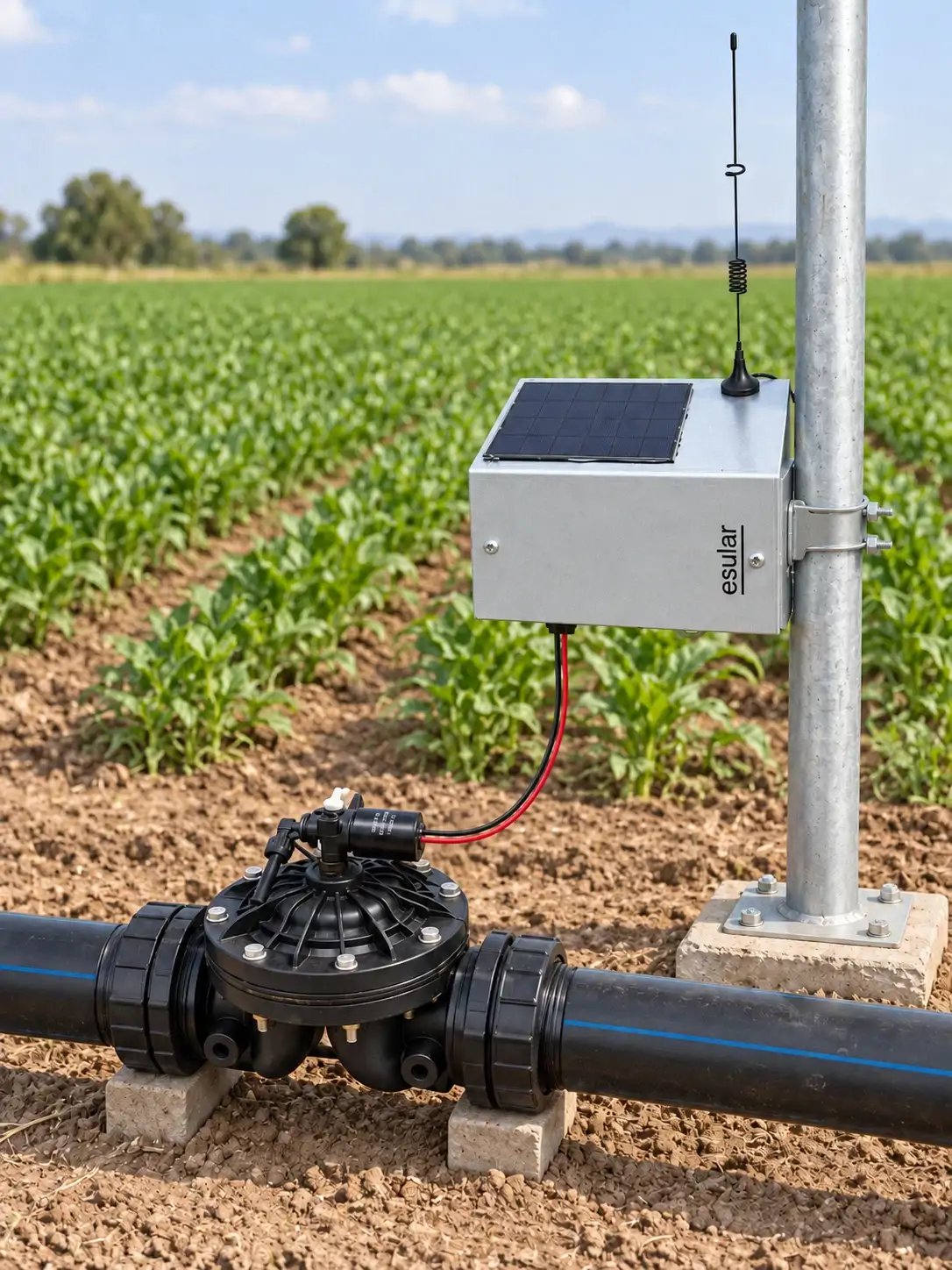 Mısır tarlasında PE hat üzerindeki hidrolik vanaya bağlı Smart-Valve GSM solar kontrol ünitesi