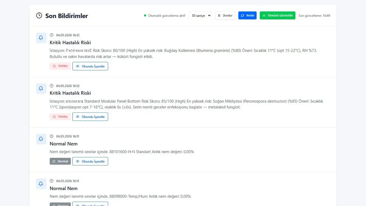 Bitki hastalık riski bildirimleri — kritik hastalık uyarıları